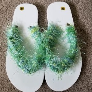 Handmade Soft Fuzzy Embellished Flip Flops White